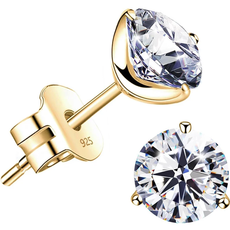 18K Gold Plated Sterling Silver Brilliant Cut Simulated Diamond Cubic Zirconia Stud Earrings for Women Girls Party Birthday Gift