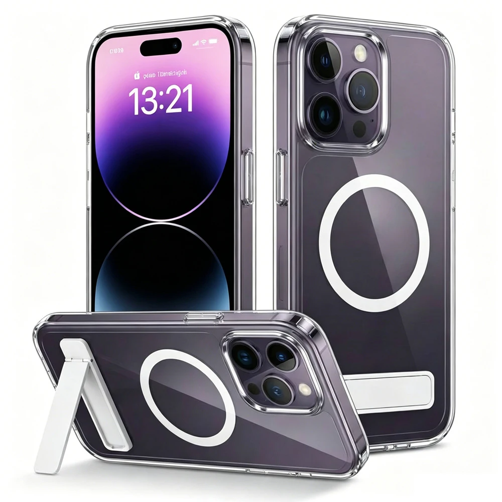 Przezroczysta magnetyczna osłona na iPhone'a 14 16 15 Pro Max 12 Mini 17 11 13 Series, antyżółkliwa, cienka obudowa ze składaną podstawką. — zdjęcie produktu 7