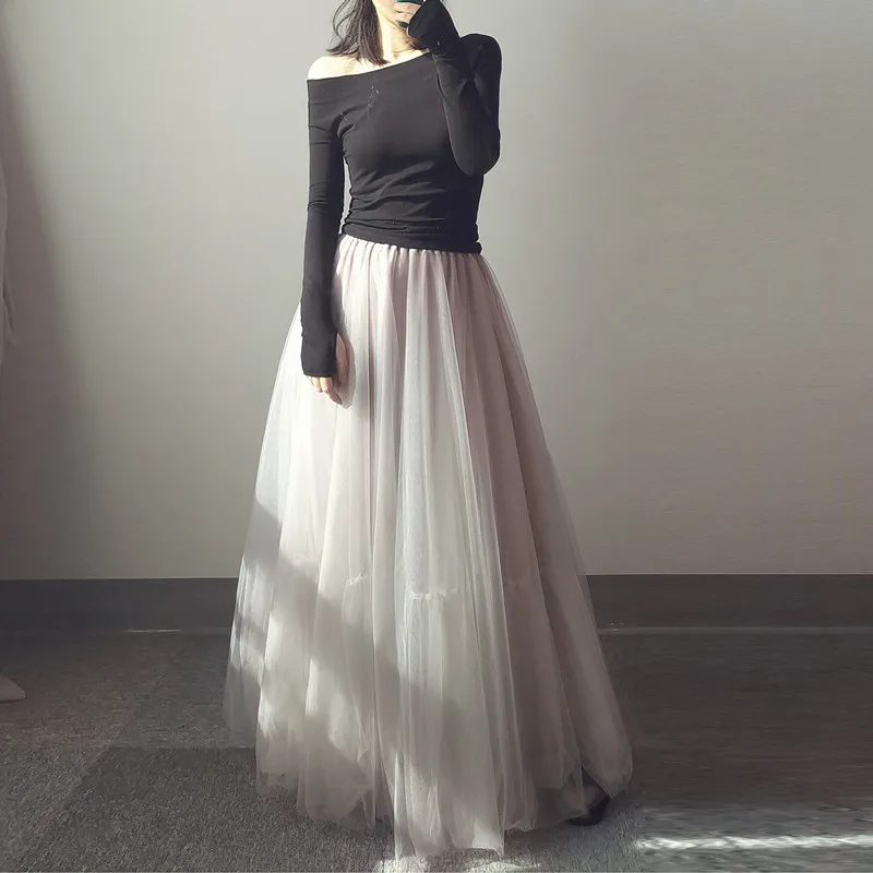 Women Midi Tulle Skirts High Waist Layered Solid Color Flowy A-line Long Tutu Skirts