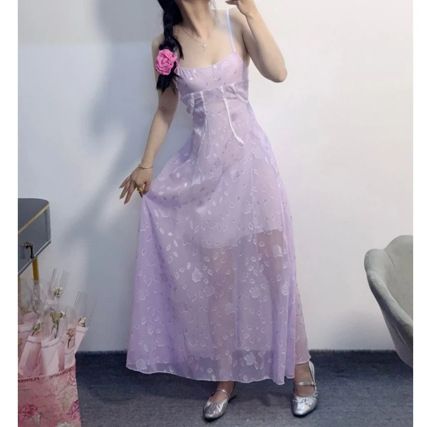 Kleider, ärmellos, für Damen, Boho, Frühling, Chiffon, Applikation, Raffen, Raucher, plissiert, Volant, Fairycore, Mori-Mädchen, süßer, romantischer Chic