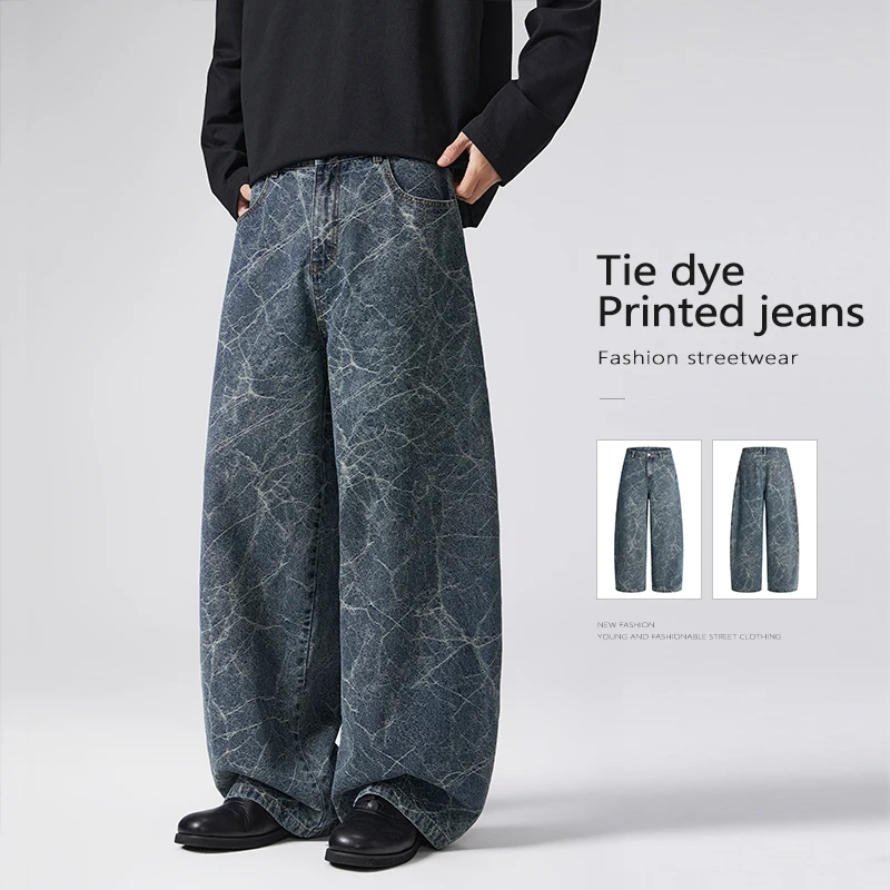 

Tie Dye Jeans Men's Baggy Vintage Washed Denim Pants Loose Straight Fashion Printed Trousers Hip Hop Dance Y2K Streetwear
