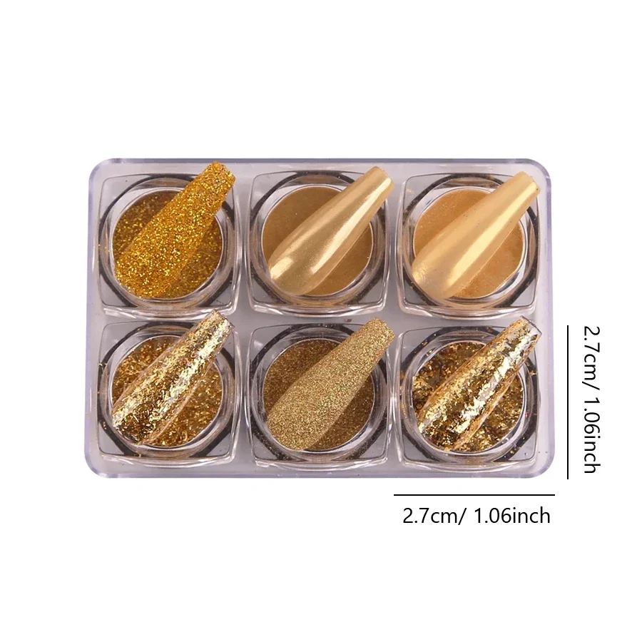 6Pcs Holographic Nail Art Glitter Powder Sparkly Laser Chrome Fine Dust Acrylic Nail Supplies for Professionals Bulk Pack
