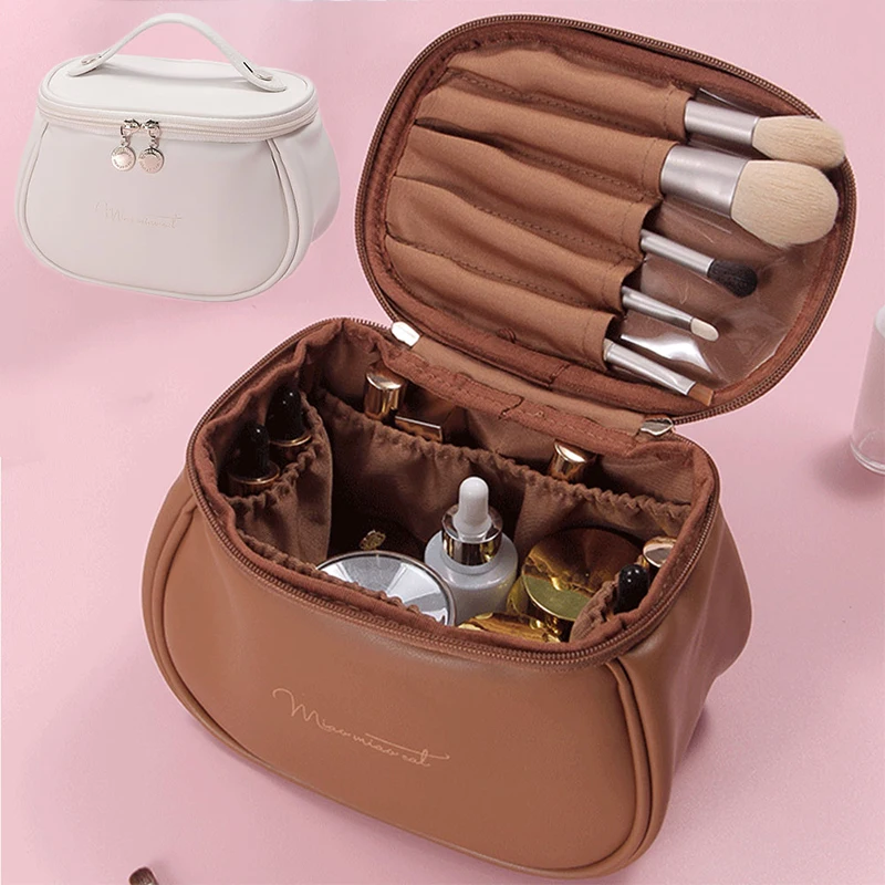 Leather Cosmetic Bag for Women Large Travel Makeup Organizer Female Toiletry Kit Brush Bags Case Storage Pouch Luxury PU Handbag