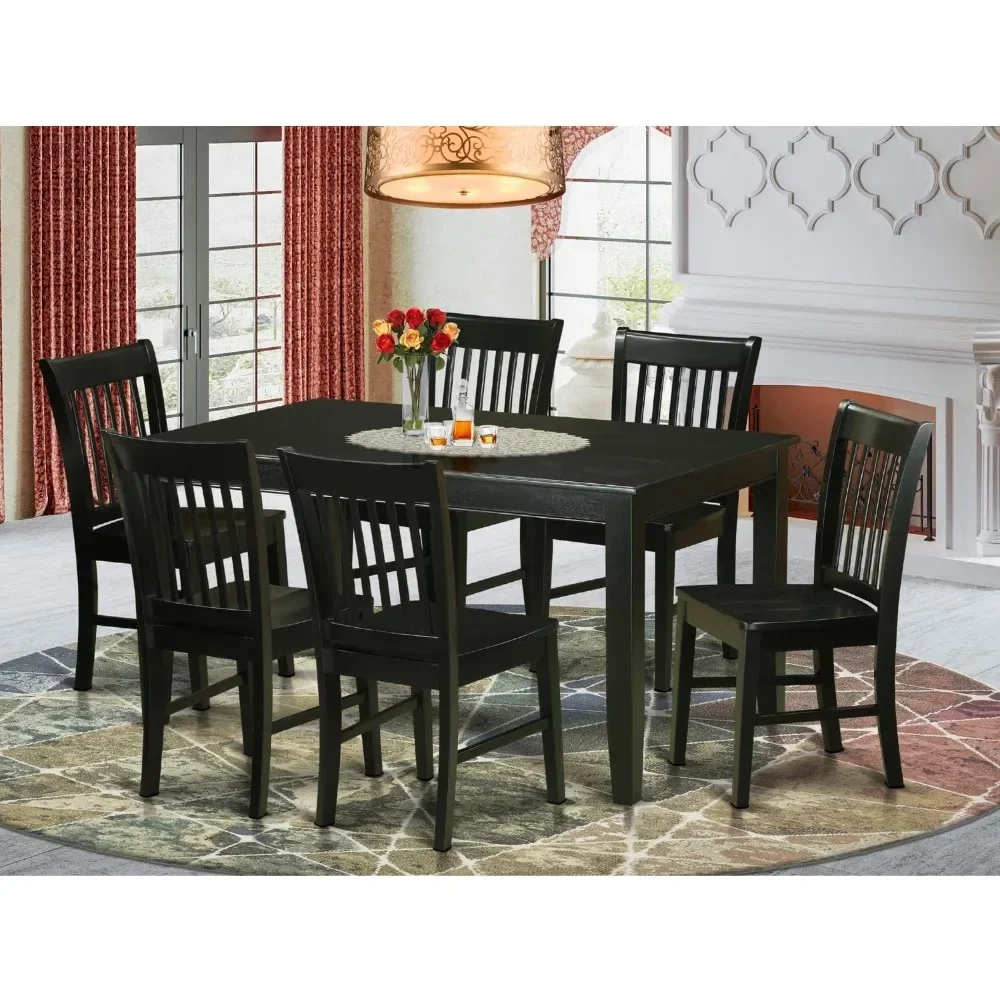 7-Piece Kitchen Table Chairs Set - a Rectangular Modern Kitchen Table - 6 Wood Dining Chairs with Solid Wood Seat & Slatted