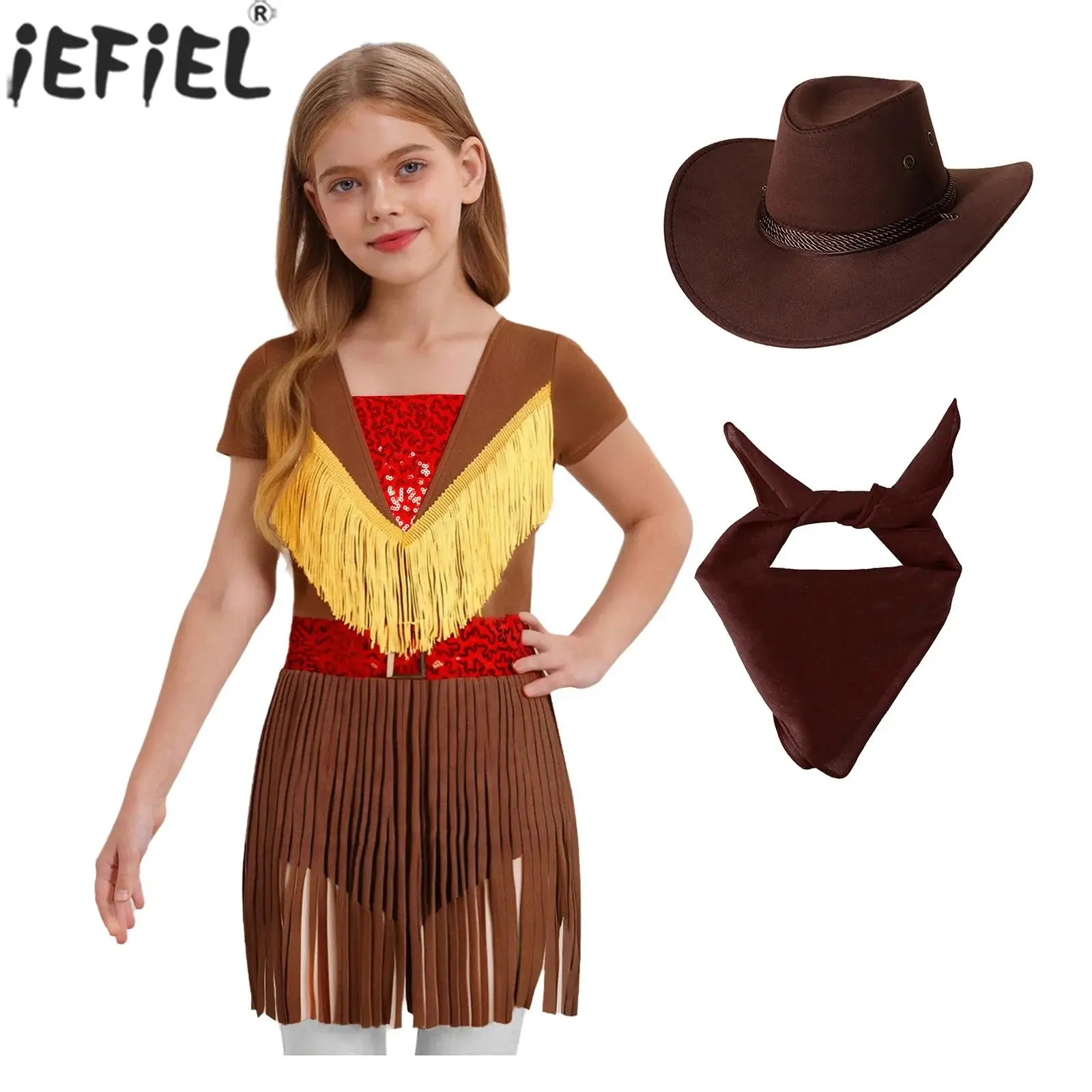 

6-16Y Girl Halloween Carnival Cowgirl Cosplay Costume Shiny Sequin Tassel Leotard Dress with Felt Cowboy Hat Paisley Bandana Set