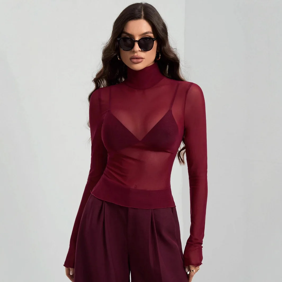 

2025 autumn and winter new stand-up collar solid color mesh slim-fit long-sleeved slim temperament commuter top