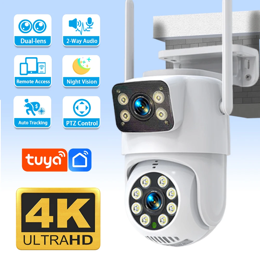 

Tuya Smart 8MP 4K HD Беспроводная камера видеонаблюдения для улицы Wi-Fi Камеры наблюдения с двумя объективами IP-камера домашней безопасности 360 ° PTZ Автоматическое отслеживание