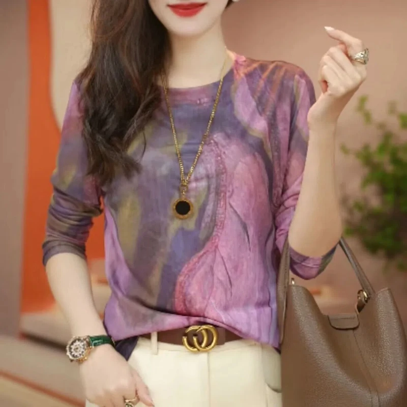 2024 New Skin Mesh Long Sleeve Top Small Shirt Double Layer High Grade Tie Dye Printed Internet Red Explosive Bottom Shirt