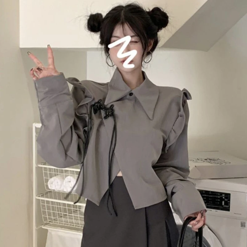 Hotsweet Gray Blazers Women Irregular Ruffles Ins Cropped Outwear Streetwear Chinese Style Simple Fashion Vintage Temperament