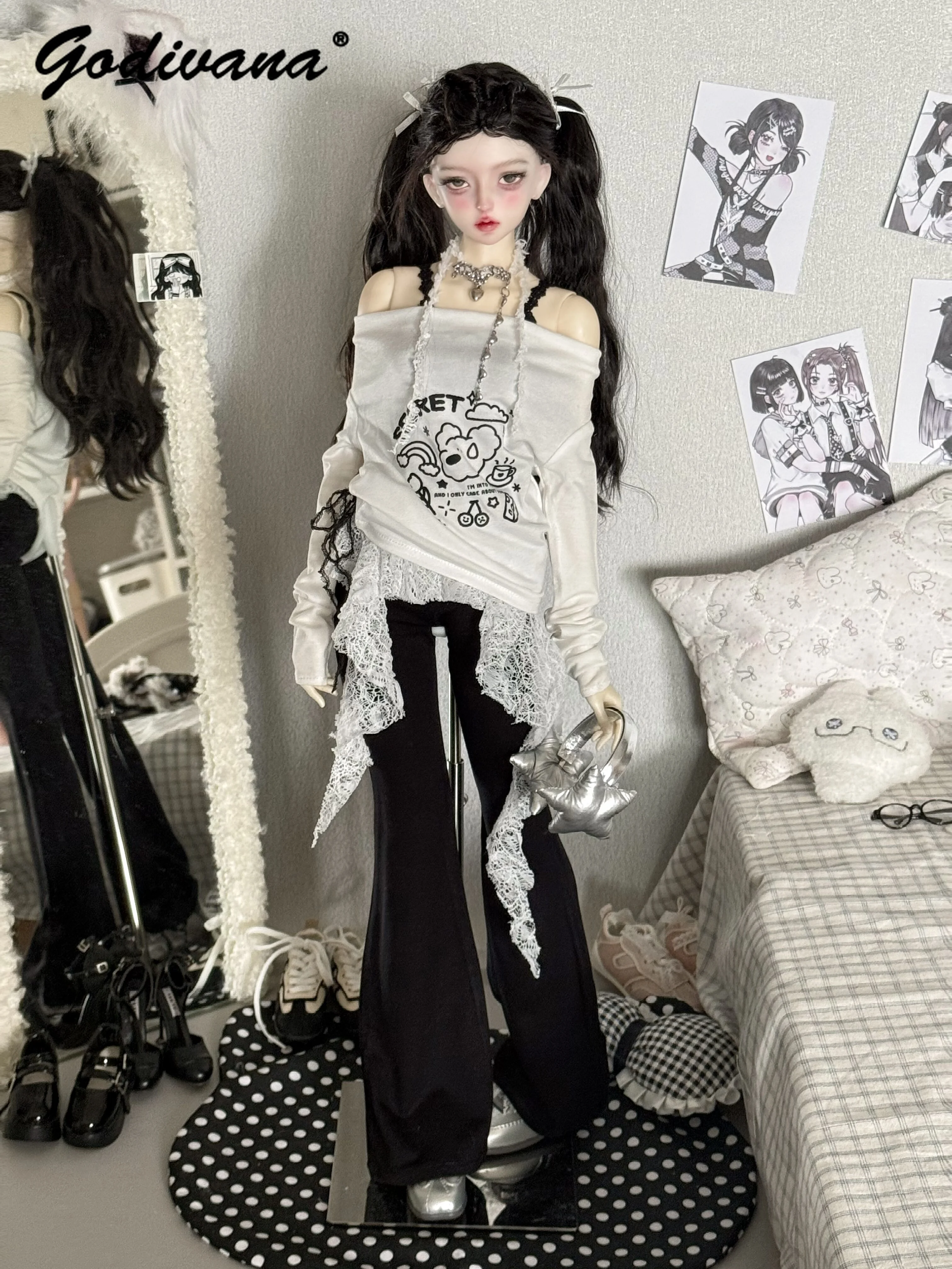 1/3 1/4 BJD Doll Outfit Off Shoulder Cartoon Print Top and Flare Pants Set with Irregular Lace Trim Camisole Y2K Doll Clothes