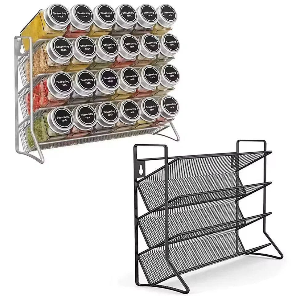 Estante para tarros de especias de 4 niveles, soporte para contenedor de hierbas montado en la pared, organizador de condimentos de cocina de acero al carbono, armario, despensa, estante de almacenamiento