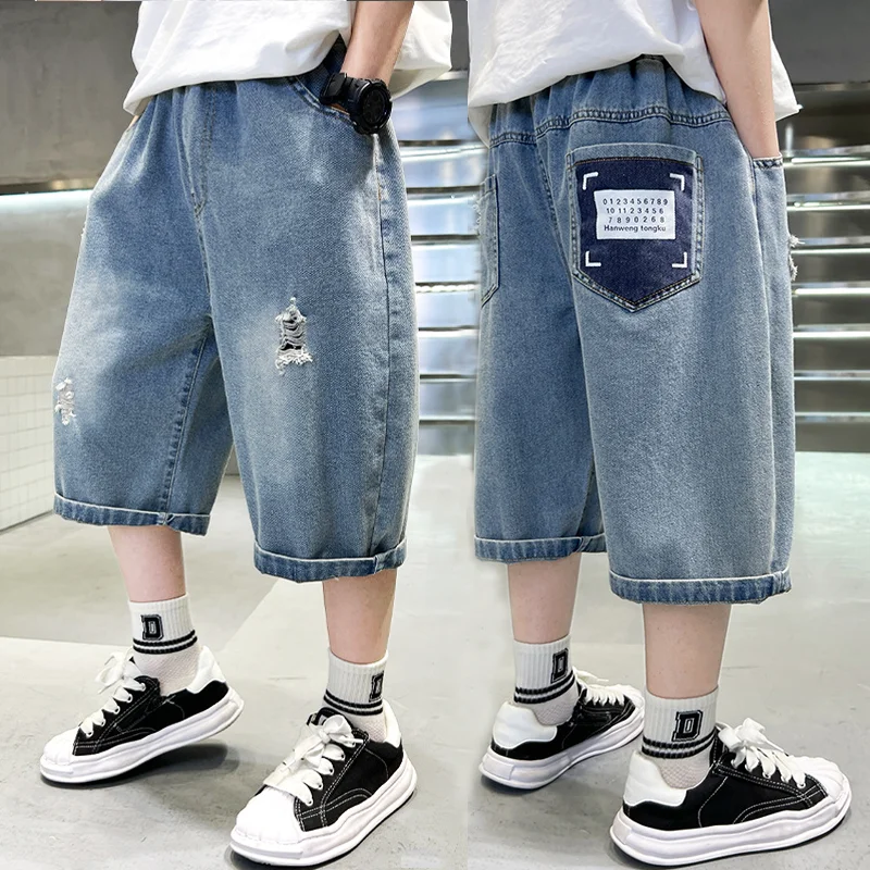 Tweens Children Fashion Casual Calf Length Ripped Denim Shorts with Hole for Boys Age 5 To 14 Yrs Kids Summer Capri Jeans Pants