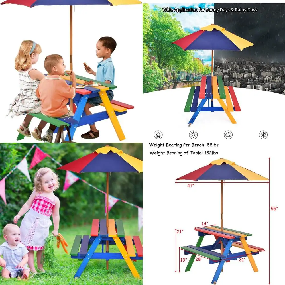 

Children's Outdoor Wooden Picnic Table Set with Removable Umbrella, Foldable Benches, Ideal for Backyard Play, Suitable for Boys