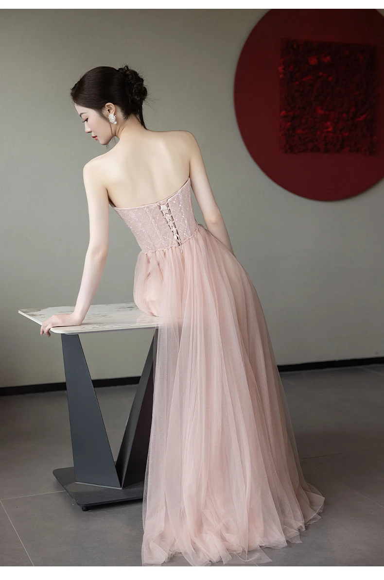 L&P DQL Studio Blush Avondjurk Sweetheart Lace-up Pleats Tule Feestjurk Galajurken Kralen op Top