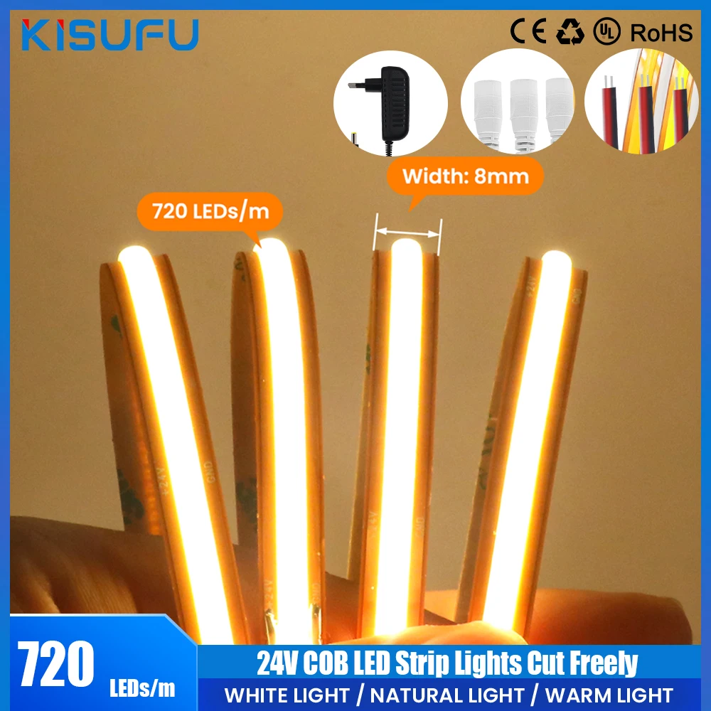 Imagem -01 - Flexível Cob Led Strip Lights Cortar Livremente Alto Brilho Bar Pcb Linear Light Bar 24v ue dc Fio 2pin 720leds m mm 1m 20m flexivel cob led strip lights cortar livremente alto brilho bar pcb linear light bar 24v ue dc fio 2pin 720leds m mm 1m 20m 01