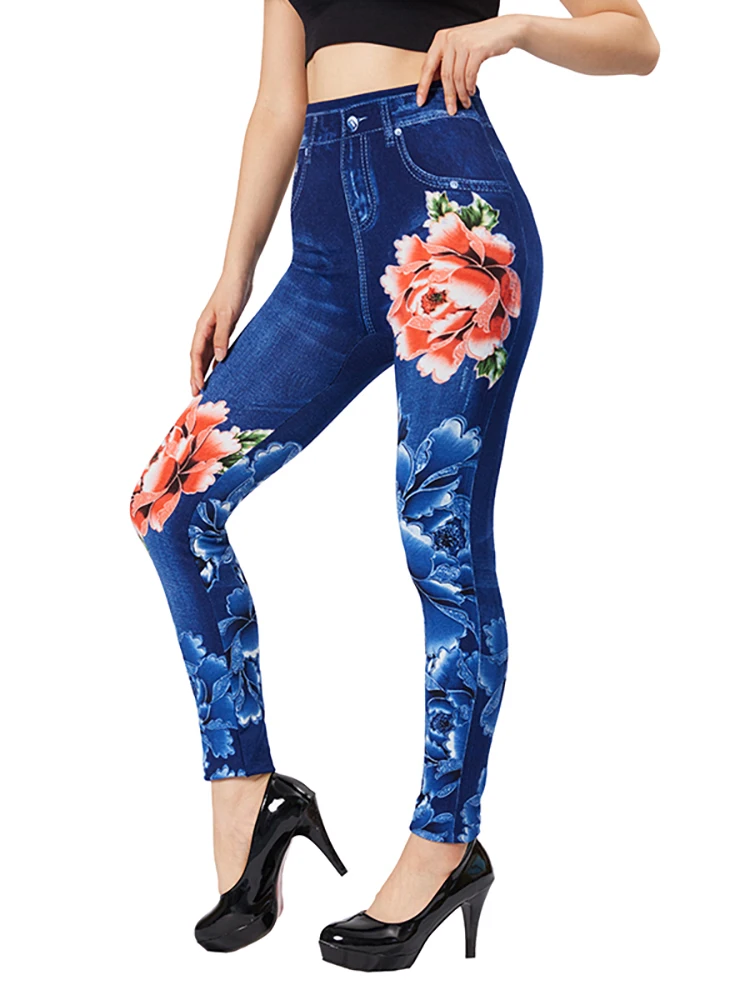 

CUHAKCI Blue Red Flower Print Fake Pockets Jeans Stretch False Jeggings Women Slim Fit Leggings Plus Size Imitation Denim Pants