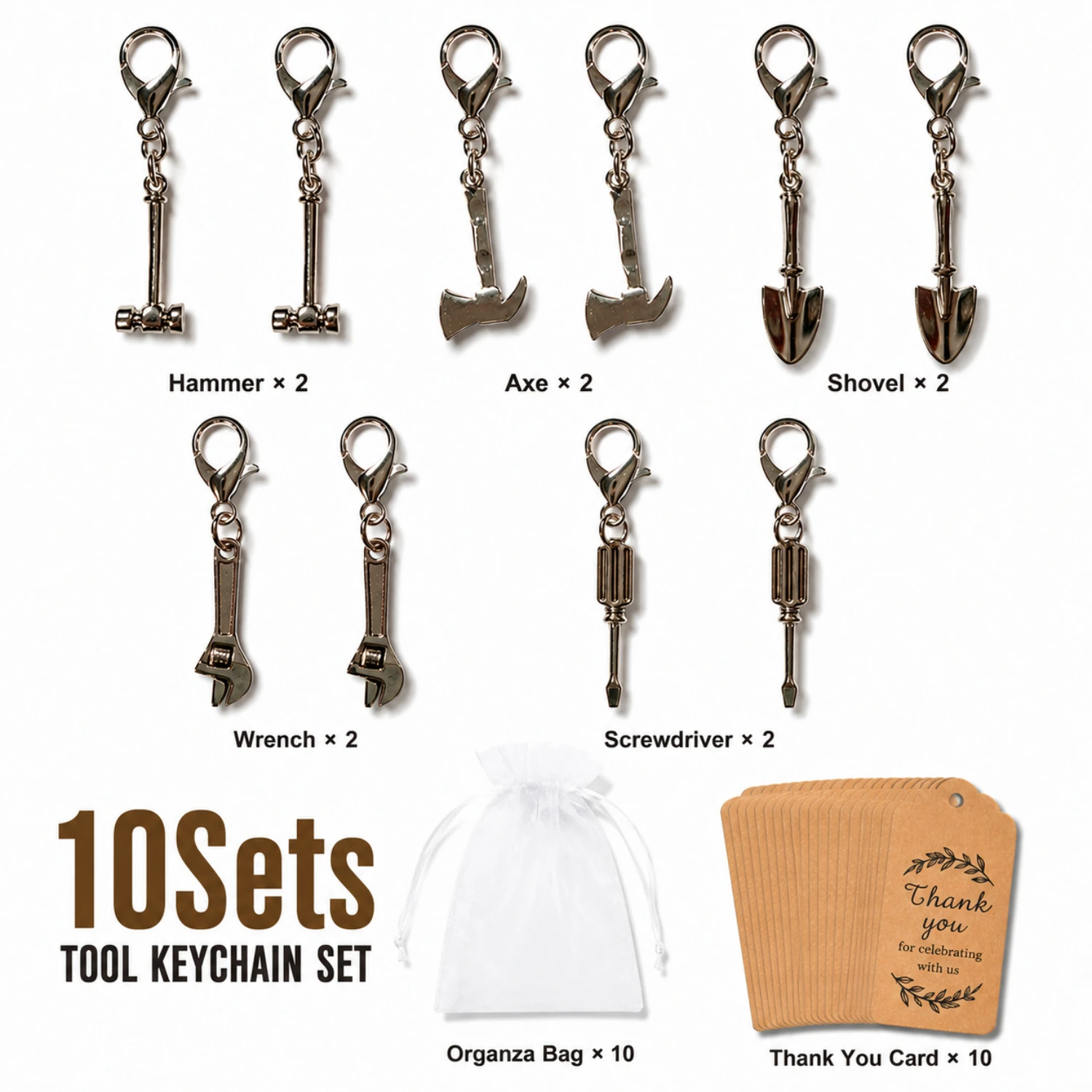 10Sets Tool Keychain Set for Dad Mini Hammer Axe Wrench Screwdriver Shovel Charms Organza Bags Cards Father’s Day Gifts