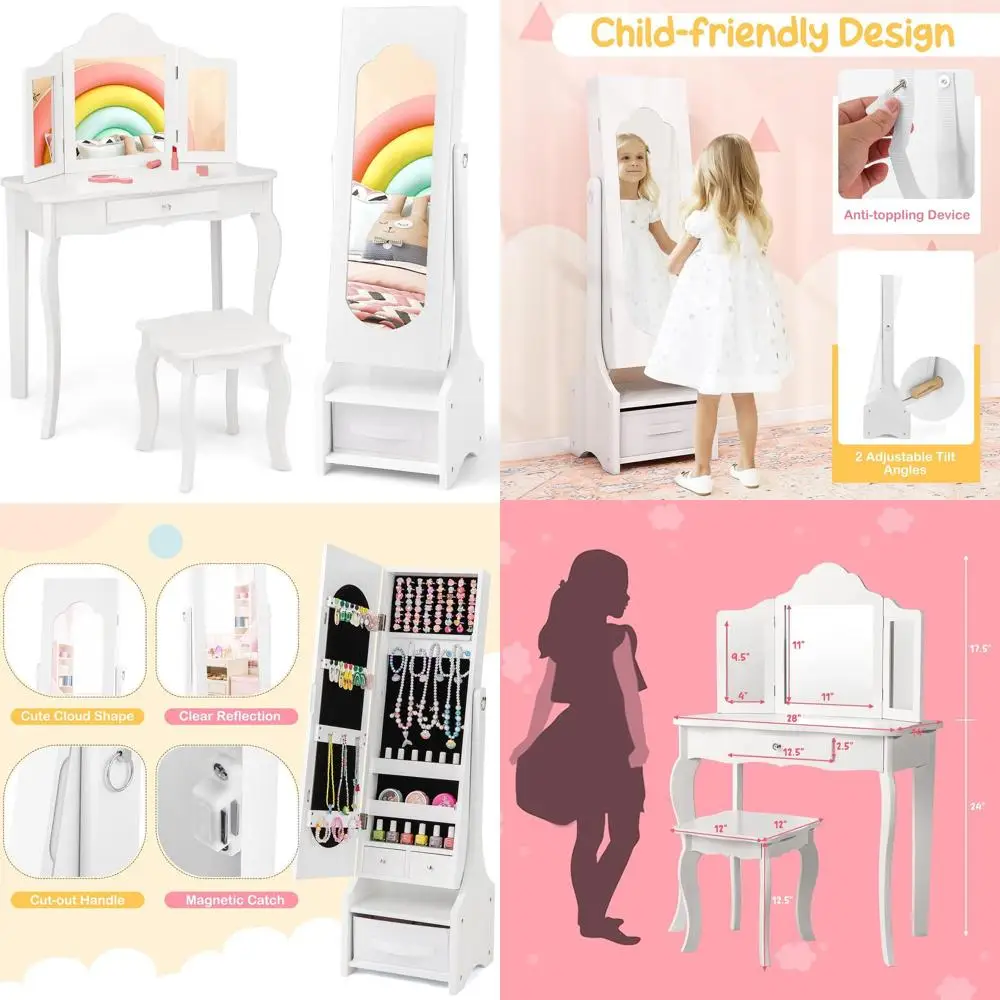 

Детский набор для макияжа с туалетным столиком, стулом, зеркалом и шкафчиком для хранения для девочек, белый цвет