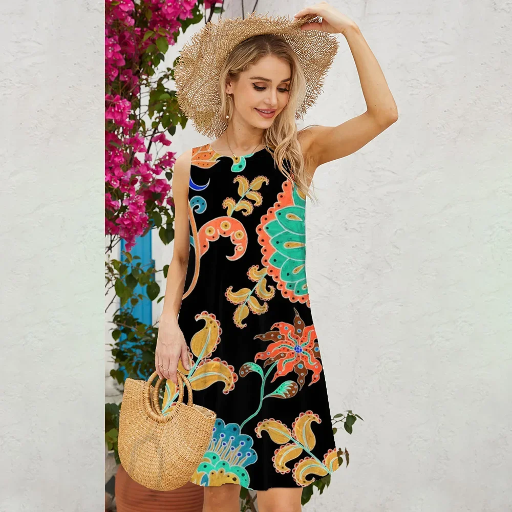 Vintage Cashew Print O-Neck Sleeveless Vest Dress For Women Fashion Summer Casual Vacation Beach Romantic Party Loose Mini Dress