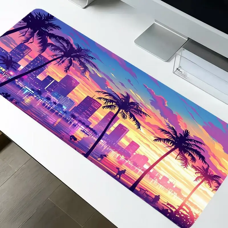 Retro synthetic wave landscape mouse pad, vibrant coastal city sunset scene, suitable for both office use and gaming