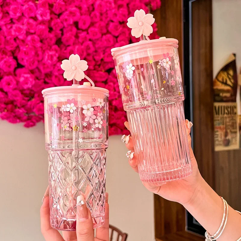 Reusable Drink Cup Party Cups with Straw Lid Cute Cherry Blossom Glass Tumblers for Cold Drinks Home Office Outdoor Summer Gift view 3