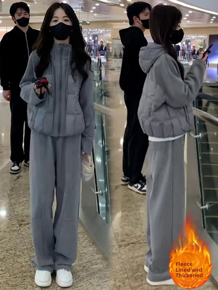 

Faionable Casual Sports Set Women's Autumn Winter Thiened Cotton Jaet Fce Lined Straight Leg Pants Two Piece Set