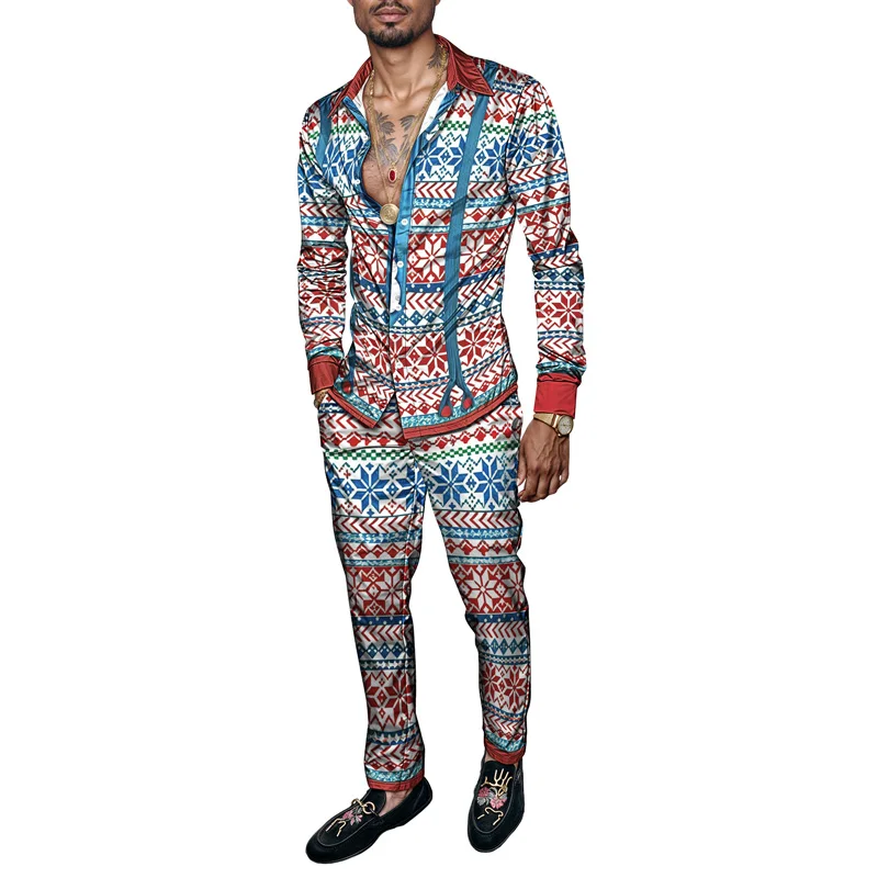 

2025 весна-лето мужской комплект рубашек с рождественским принтом модный пряничный человечек из 2 предметов мужской снегоговик легкий вечерние с длинным рукавом