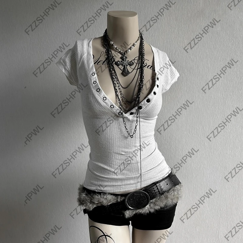 حار بنات Y2k المحاصيل الأعلى زر Harajuku بلون سليم الشارع الشهير روك القوطي تي شيرتات قصيرة الاكمام فاسق فريد الهيب هوب الطفل المحملة #2