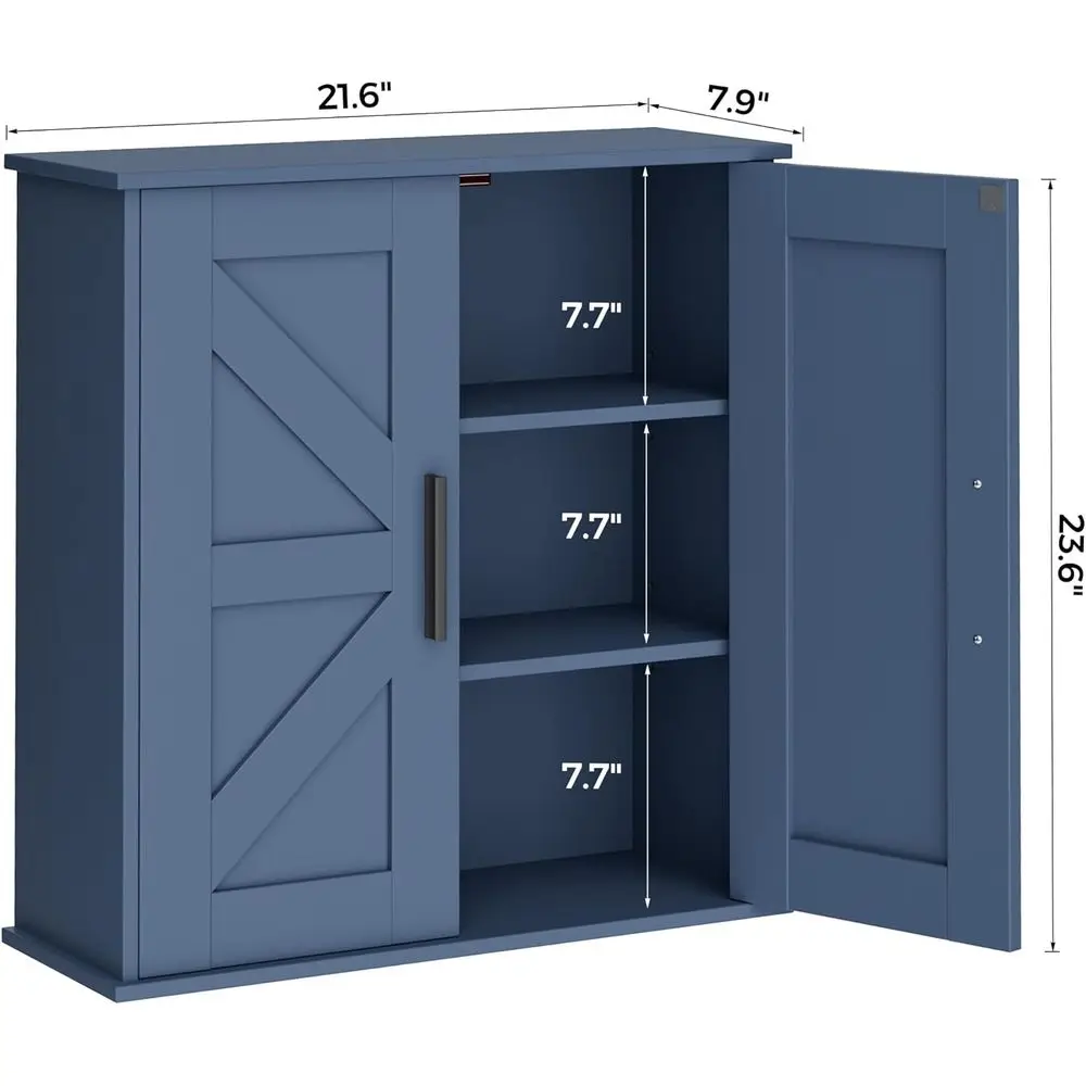 Armoire de rangement murale bleue à 3 niveaux avec portes de grange pour salle de bain, cuisine et linge