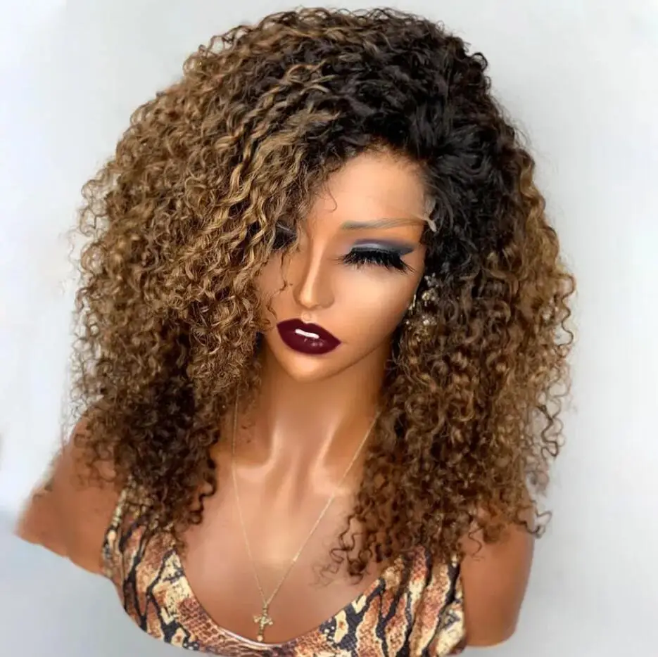 Peruca dianteira encaracolada macia para mulheres negras, ombre, marrom, perverso, longo, cabelo do bebê, resistente ao calor, pré-arrancado, sem cola, 180 Densidade, 26 in