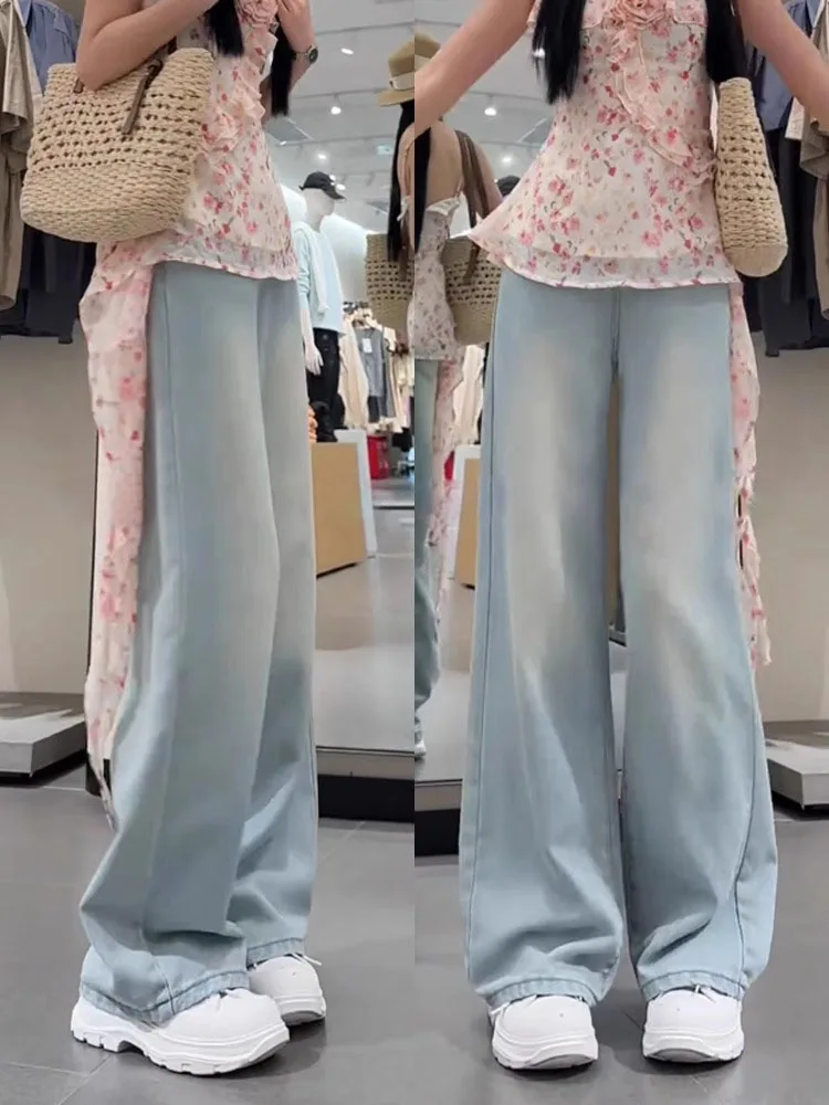 جينز حريري عالي الخصر وواسع الساق للنساء بنطال جينز ضيق مستقيم وفضفاض من الحرير الجليدي للخريف مقاس كبير جينز رقيق المظهر