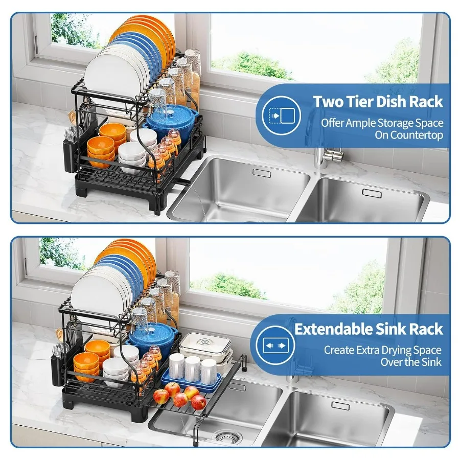 رف تجفيف الأطباق قابل للتمديد من طبقتين لطاولة المطبخ، مصمم لتجفيف الأطباق الكبيرة القابلة للتوسيع لتناسب الحوض 3 في 1 متعدد الوظائف #3
