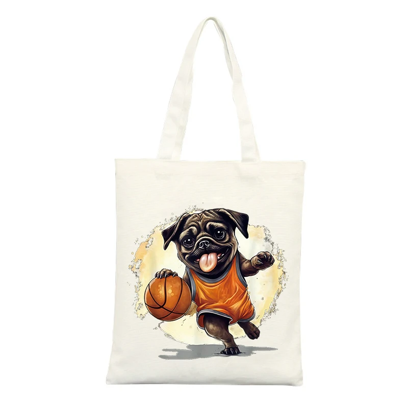 Canvas Tote Bag with Dog Basketball Graphic, Casual Style for Daily Shopping and Outings