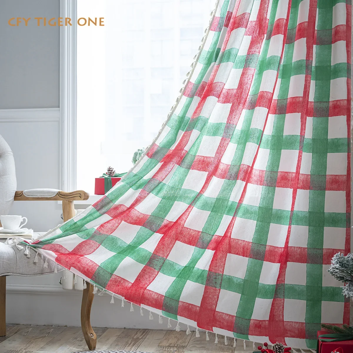 

Cotton Linen Red and Green Checkered Christmas Style Bedroom Living Room Easy Drape for Living Room Blackout Thick Window Drapes