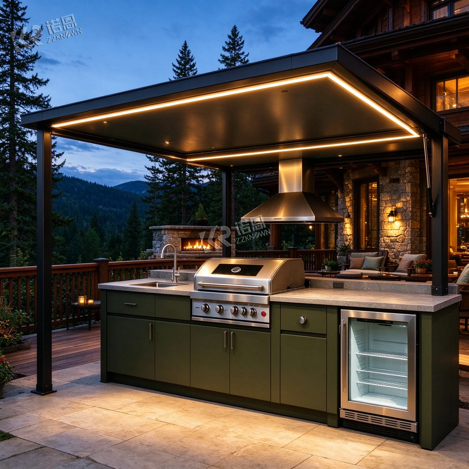 Sweet Fruity Treat Suitable Expansive Outdoor Kitchen For Caramelized Peach Pineapple Preparing Outdoor Kitchen