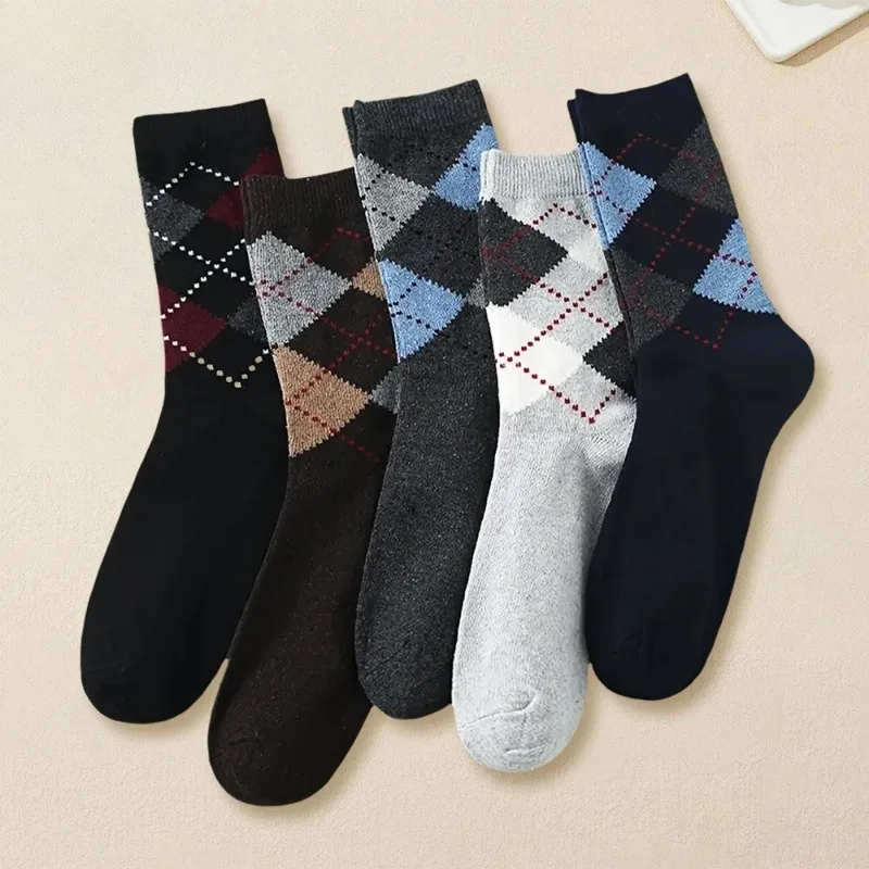 

5 Pairs Men's Splicing Diamond Patterns Wool Socks Warm Winter Mid Length Socks Thickening Soft Cold-resistant Men Boots Socks