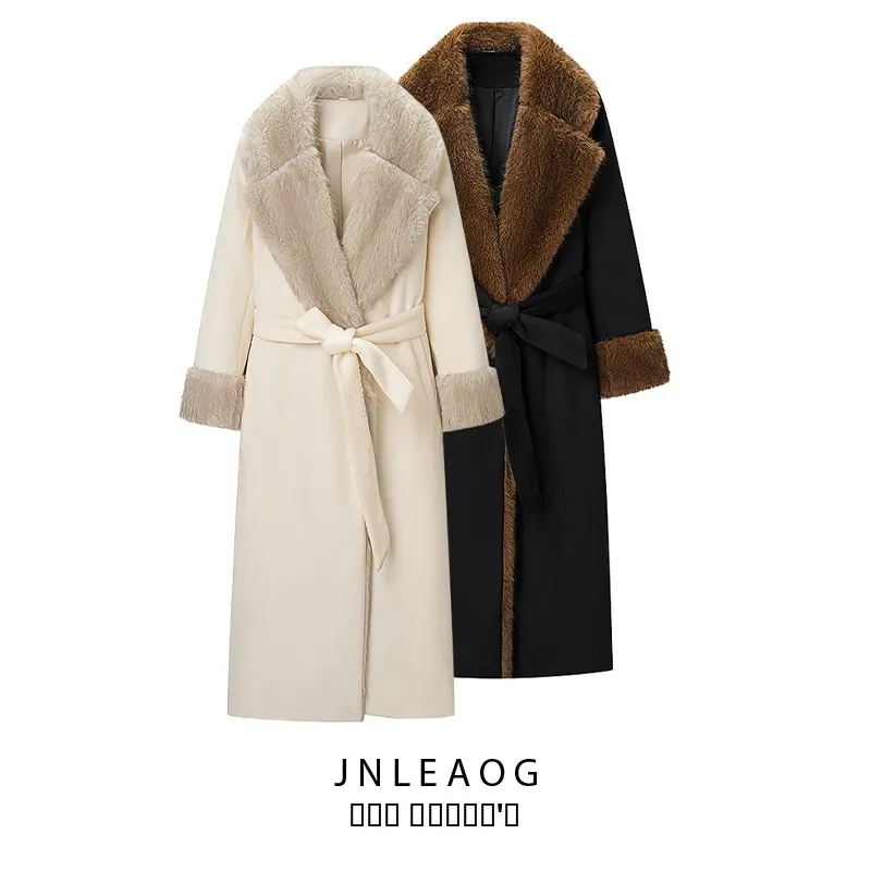 

Модное шерстяное пальто с большим меховым воротником для женщин, универсальное, в уличном стиле, с длинными рукавами, из полиэфирного волокна