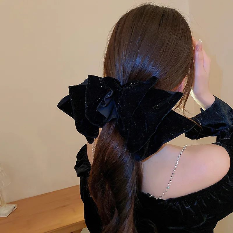 

Очень большой красно-черный глиттерный бант-заколка (1 шт.) в корейском стиле для затылка, женский повседневный нескользящий аксессуар для волос