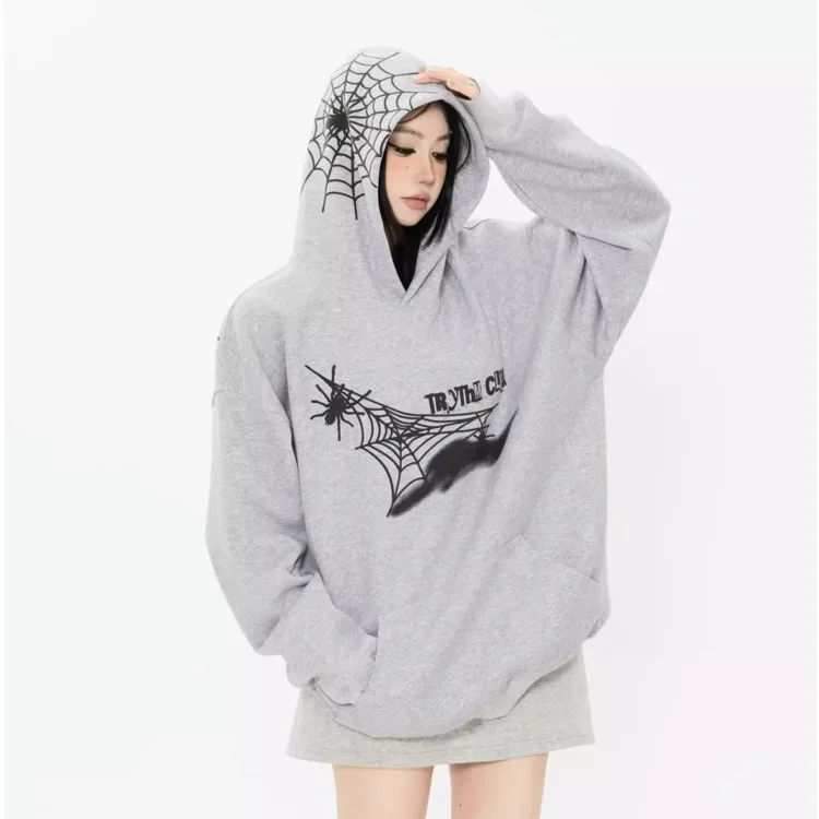 

Y2k 2000s Spider Web Print Cotton Hooded Sweatshirt New Loose Casual Hoodie Gothic Punk Hoodie Girls Oversize Yk2 Harajuku Tops