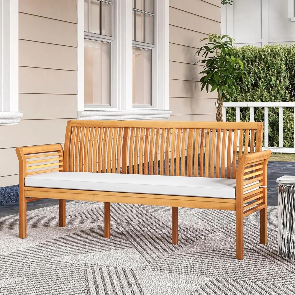 62.5’’ Outdoor Bench Acacia Wood - 3-Person Patio Bench w/Backrest,Armrests & Removable Seat Cushion,Slatted Wooden Garden Bench