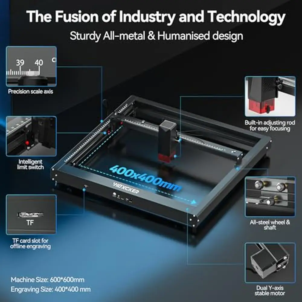 60W Laser Engraver Cutter 10W Output Air Assist APP Supported High Accuracy Engraving Machine Metal Construction 400*400mm