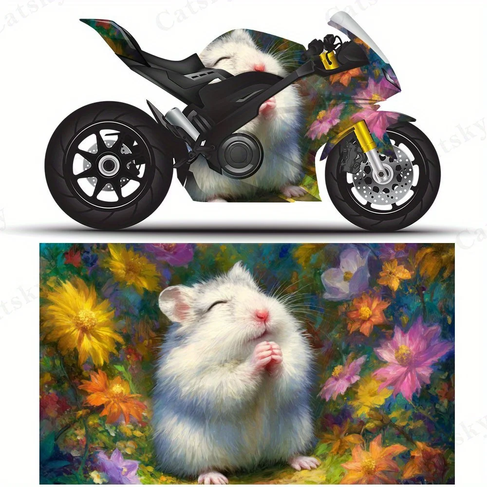 

White Hamster with Dandelion Motorcycle Film Stickers, Durable PVC Adhesive Decals for Motorcycle Customization, Weather-Resista