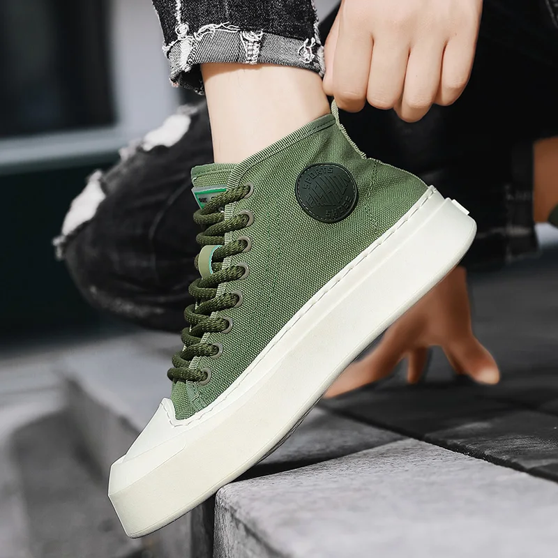 HKDQ Green High Top Sneakers Men Fashion Design Lace-up Men\'s Canvas Shoes Original Breathable Platform Vulcanized Shoe For Man