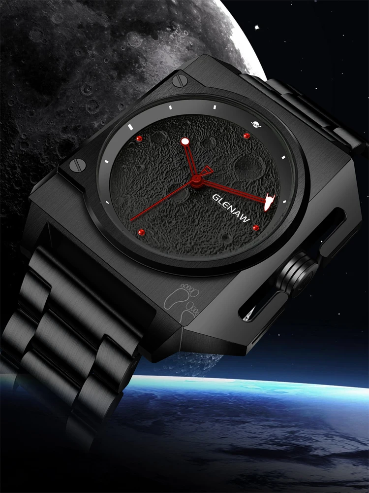 GLENAW-Relógio de negócios mecânico masculino, Unique Square Shape Design, Moon Dial, Spaceship Pointer, Waterproof, Luminous Quality, New