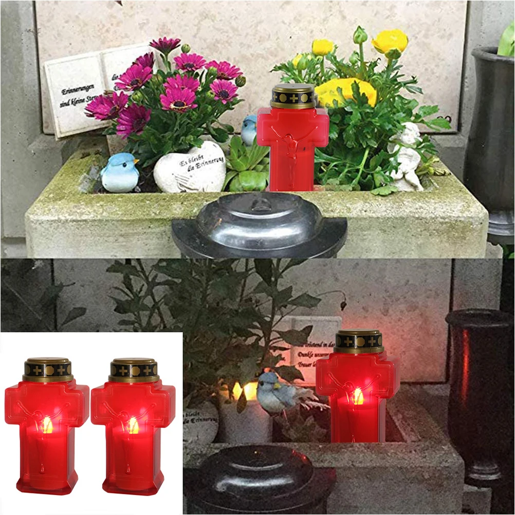 

2 Pcs LED Electronic Candles Flameless Night Light for Church Grave Votive Memorial Decor Jesus Cross Theme Safe Use