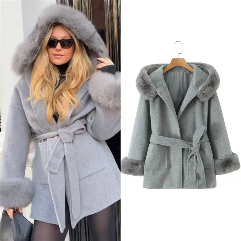 

Women's Jacket 2025 Autumn New Style Gray Long-Sleeve Faux Fur Belt Decorative Wool Coat Casual Fashion Elegant and Unique