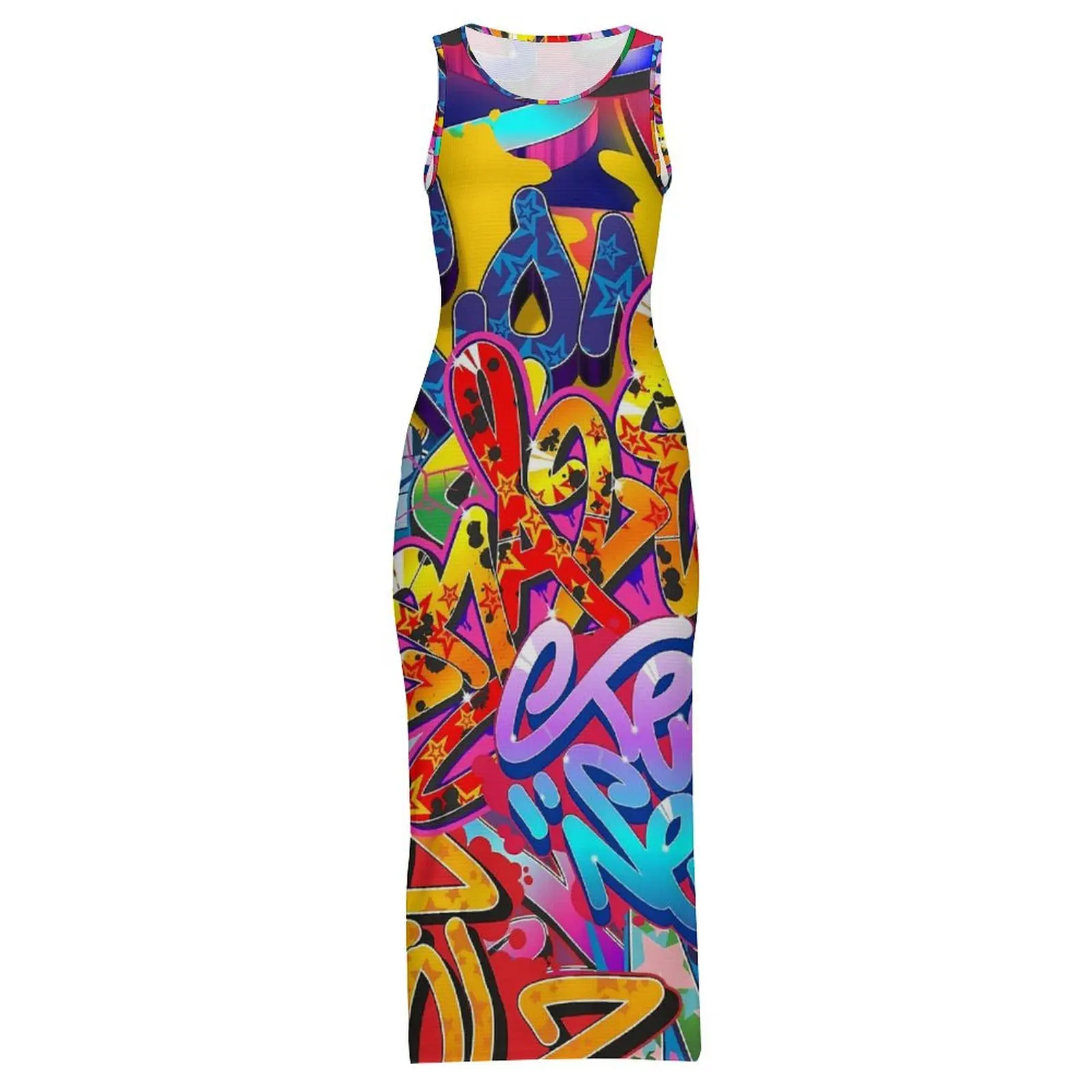 Graffiti Words Dress Sleeveless Colorful Print Streetwear Maxi Dresses Cute Bodycon Dress Women Design Oversize Vestido