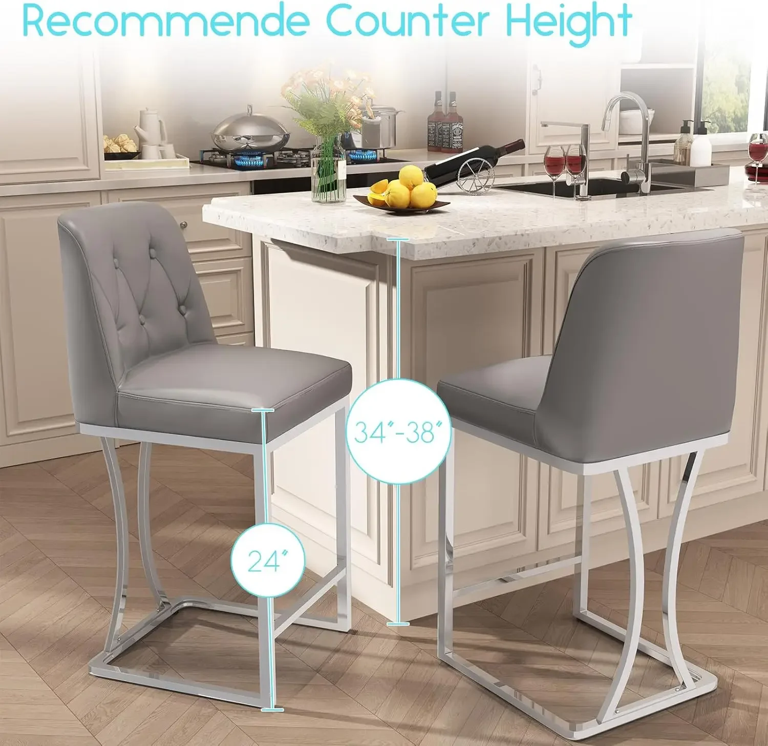 [عرض لفترة محدودة، اشترِ الآن! ]مجموعة مقاعد بارتفاع عداد 24 بوصة مكونة من 4 قطع، مقاعد عداد رمادية مع إطار معدني خلفي وفضي