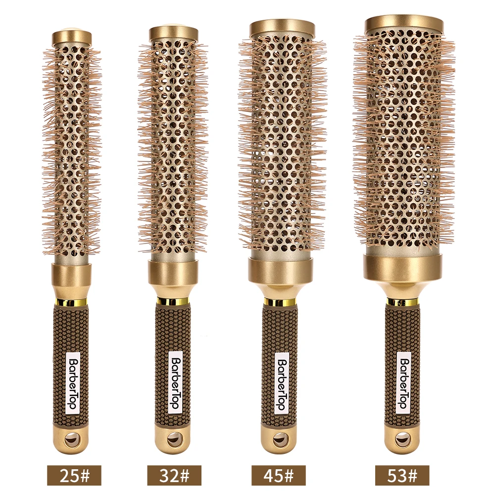 Pente redondo de cabeleireiro, tubo de alumínio dourado, rolo de pente de cabelo, juba de javali selvagem, ar quente, pente de cabelo encaracolado, ferramentas de estilo de cabelo