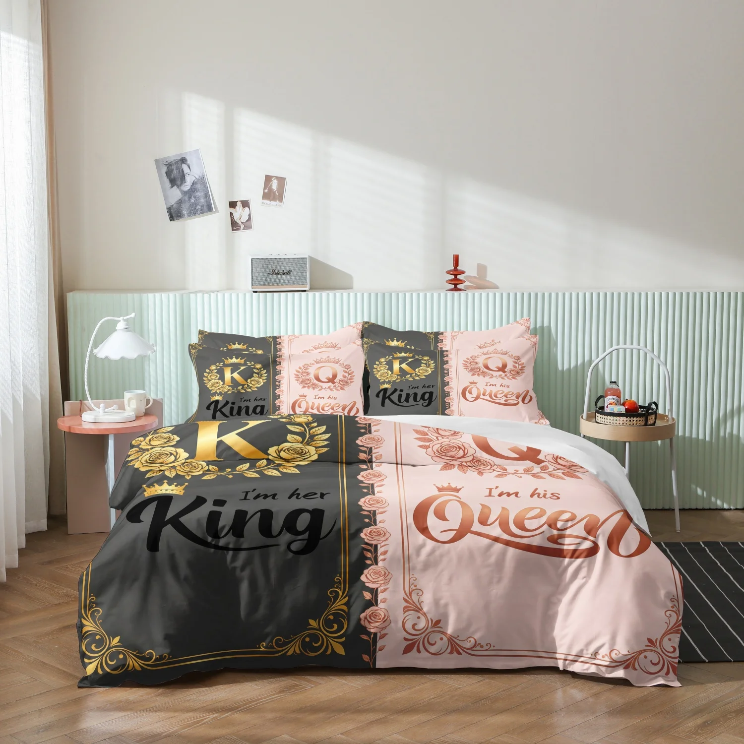 Conjunto de Capa de Edredom com Estampa "Eu Sou o Rei, Eu Sou a Rainha" e Coroa Dourada Rosa, Design Dividido Cinza e Rosa, 3 Peças, Roupa de Cama para Casal Rei e Rainha
